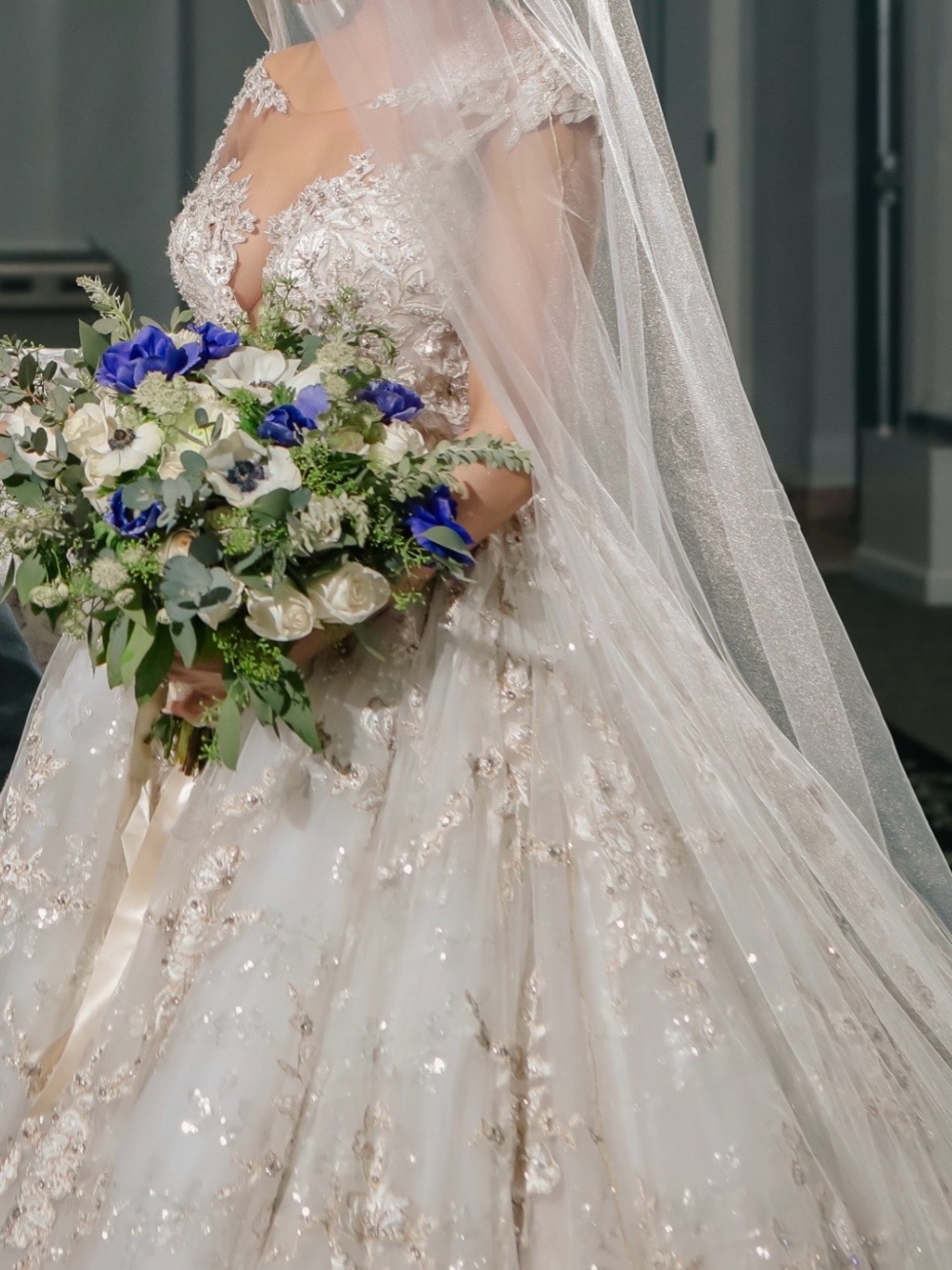 Ysa Makino Ivory and Gold Embellished Ball Gown Wedding Dress